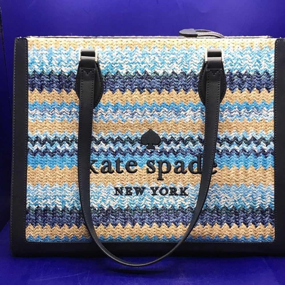 Kate Spade Ellie Stripe Straw Large Tote Blue And Tan W/COA